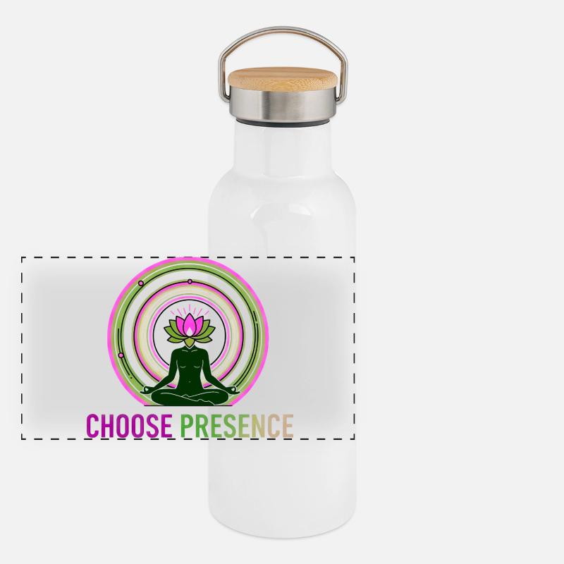Wähle Präsenz – Yoga Meditation Lotus Panorama Thermosflasche mit Bambusdeckel