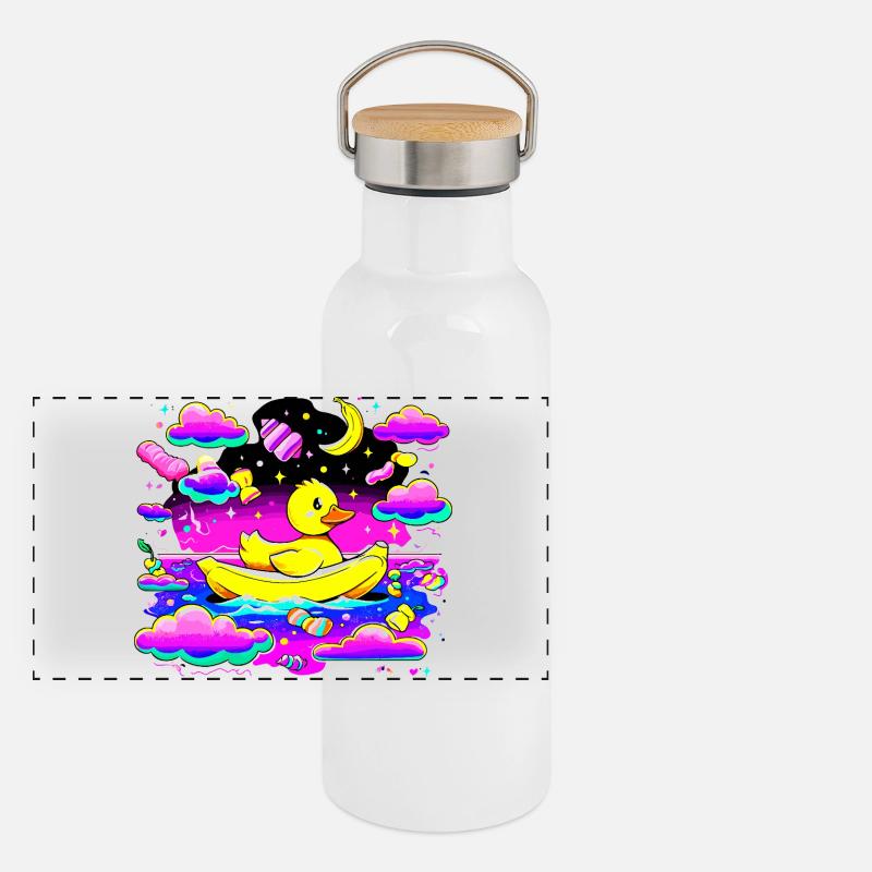 Bunte Quietscheente im Regenbogenboot Panorama Thermosflasche mit Bambusdeckel