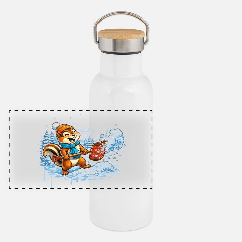 Chipmunks shoveling snow – winter fun Panoramic Thermal Bottle with Bamboo Lid
