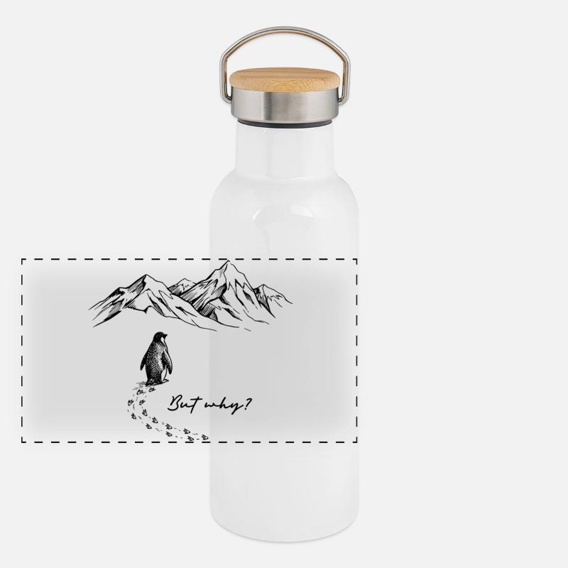But why? Pinguin Meme Antarktis Schnee Spuren Eis Panorama Thermosflasche mit Bambusdeckel