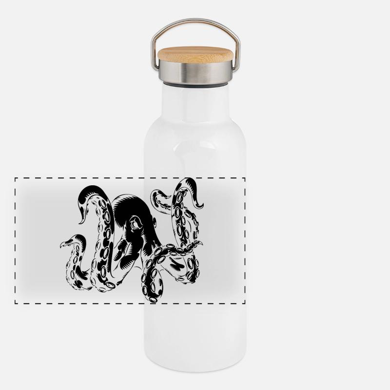 Krake Motiv – Oktopus aus der Tiefsee! Panorama Thermosflasche mit Bambusdeckel
