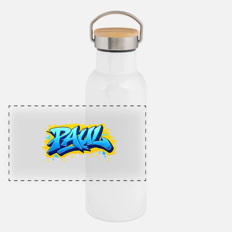 Graffiti PAUL Name Geschenk Ideal druckbar Panorama Thermosflasche mit Bambusdeckel