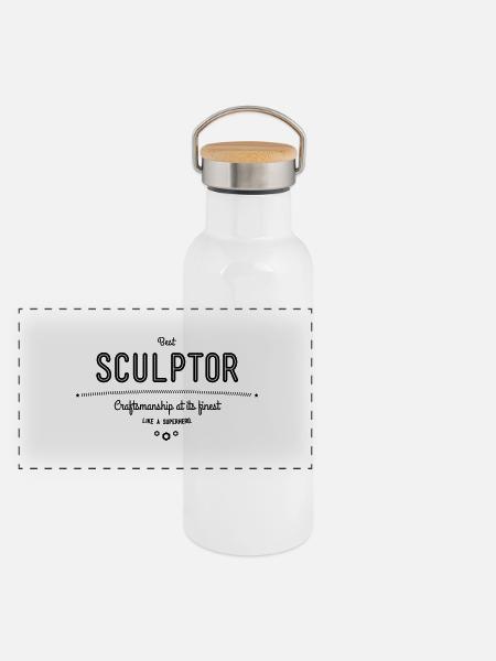 Bester Bildhauer - Handwerkskunst vom Feinsten - Panorama Thermosflasche mit Bambusdeckel - Weiß - Vorne