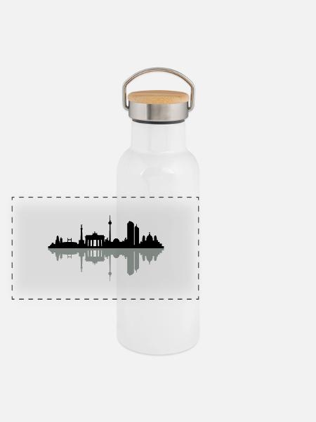 Skyline Berlin Schatten - Panorama Thermosflasche mit Bambusdeckel - Weiß