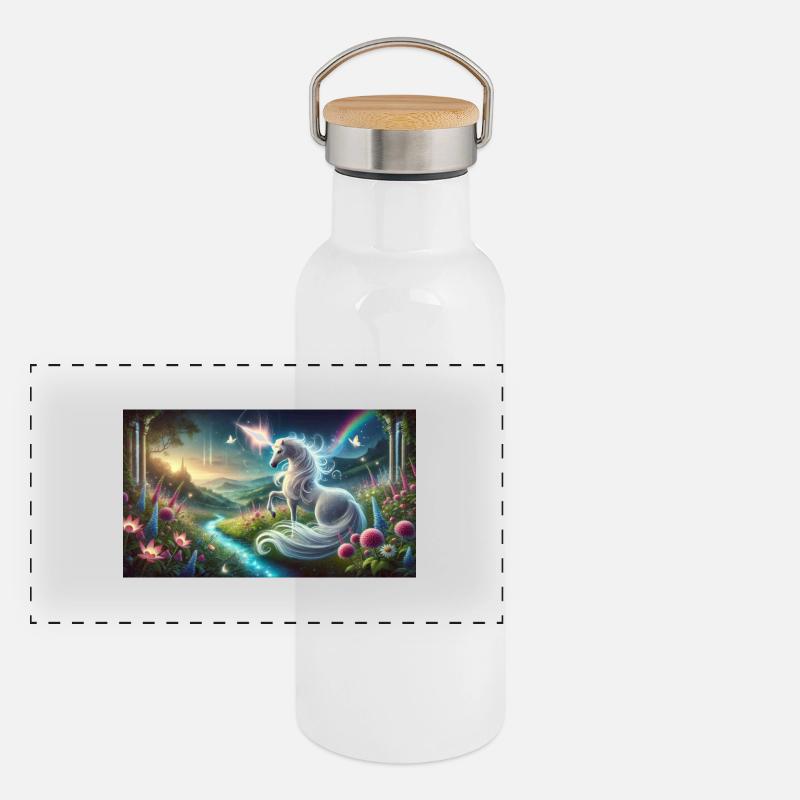 Ein mystisches Einhorn mit leuchtendem Horn Panorama Thermosflasche mit Bambusdeckel