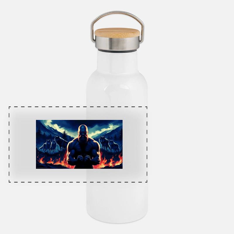 Urzeitlicher Krieger Panorama Thermosflasche mit Bambusdeckel