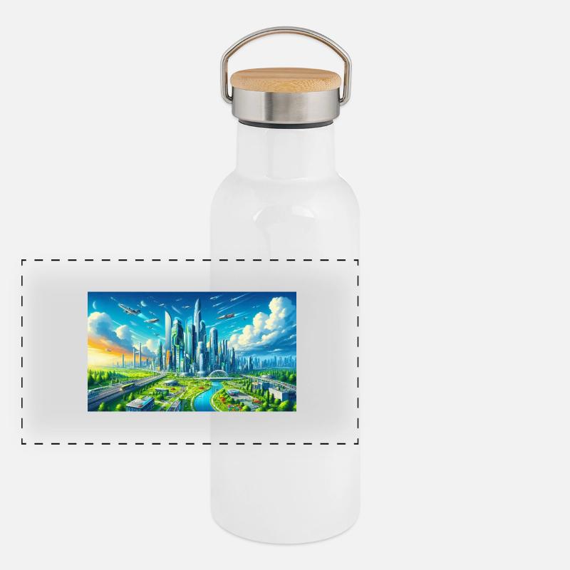 Futuristische Stadt Panorama Thermosflasche mit Bambusdeckel