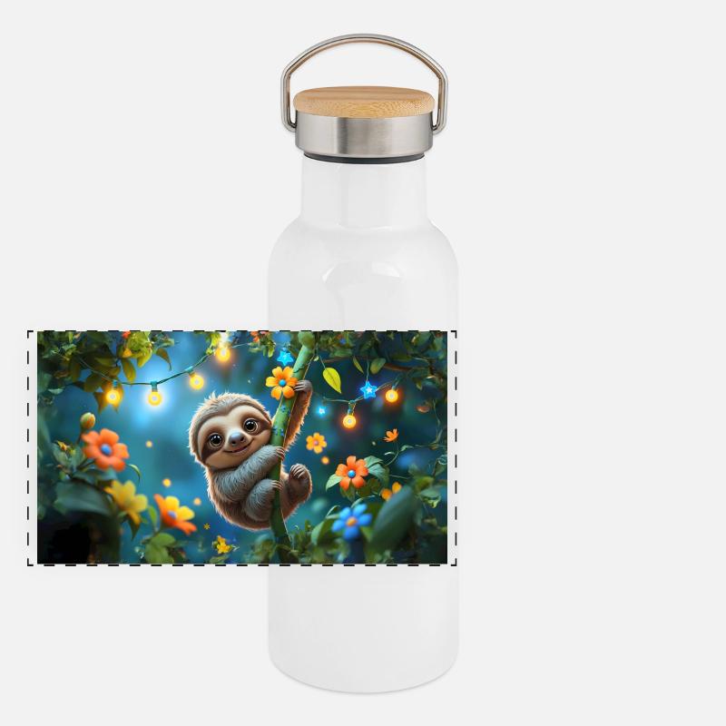 Cute sloth with fairy lights - Panoramic Thermal Bottle with Bamboo Lid - white