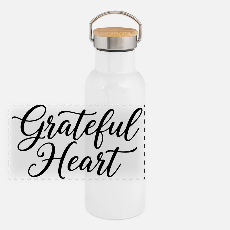 Grateful Heart Script Panorama Thermosflasche mit Bambusdeckel