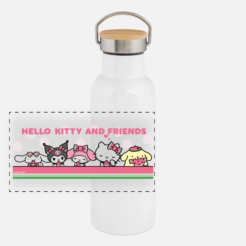 Hello Kitty And Friend Essen Wassermelone - Panorama Thermosflasche mit Bambusdeckel - Weiß