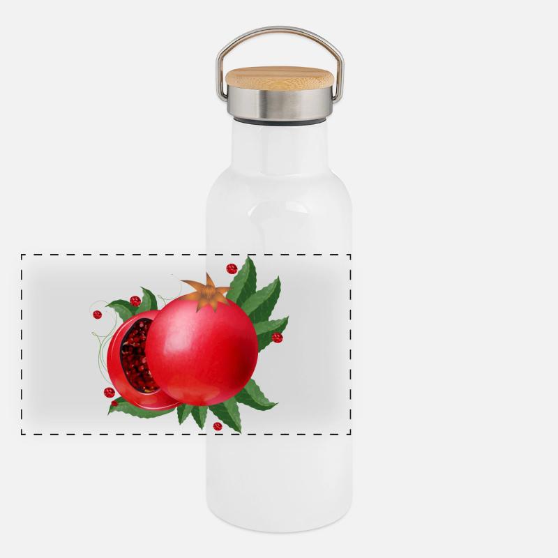 blutrote geöffnete Granatäpfel mit Blätter Panorama Thermosflasche mit Bambusdeckel