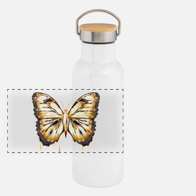 Papillon brillant doré dessiné à la main Gourde isotherme avec bouchon en bambou
