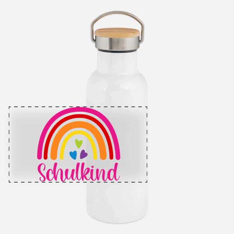 Schulkind Regenbogen Schulanfang Einschulung 2026 Panorama Thermosflasche mit Bambusdeckel