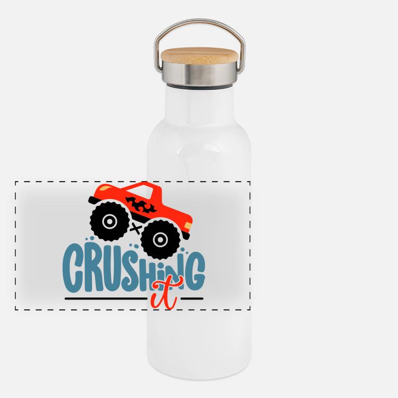 Crushing It Hotrod Grafik Panorama Thermosflasche mit Bambusdeckel