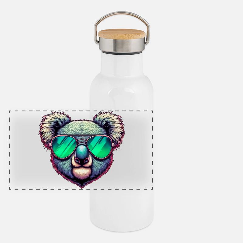 Koala avec des lunettes de soleil vertes Gourde isotherme avec bouchon en bambou