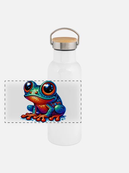 Frosch - Panorama Thermosflasche mit Bambusdeckel - Weiß