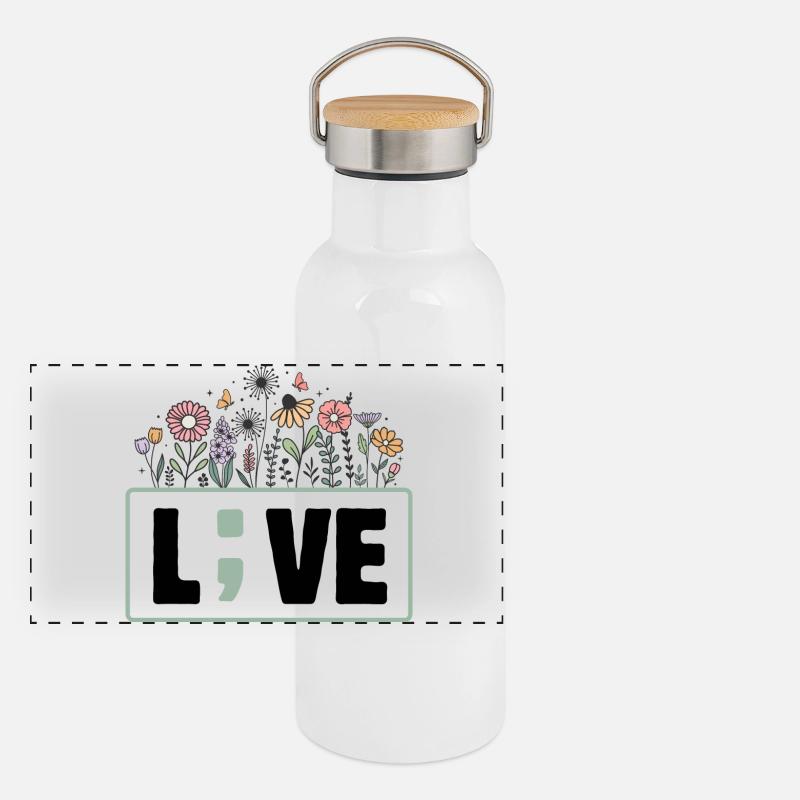 Live Santé Mentale avec Fleurs Colorées Gourde isotherme avec bouchon en bambou