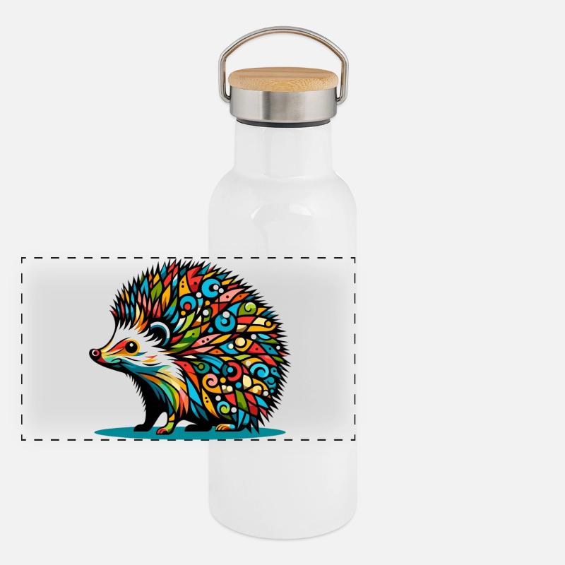 Igel - Panorama Thermosflasche mit Bambusdeckel - Weiß