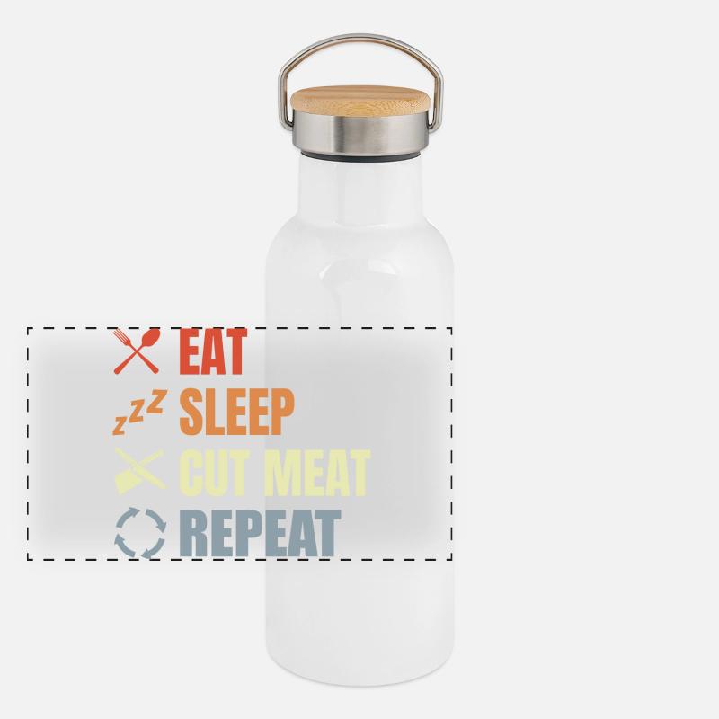 Eat Sleep Cut Meat Repeat Panorama Thermosflasche mit Bambusdeckel