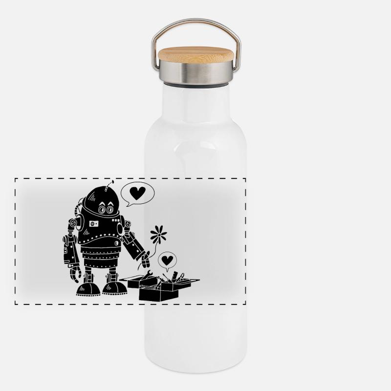 Robot Lovers (Schwarz) Panorama Thermosflasche mit Bambusdeckel