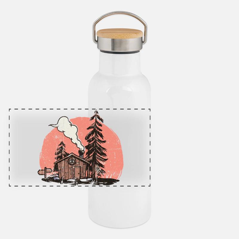 Cozy Forest Cabin Illustration Panoramic Thermal Bottle with Bamboo Lid