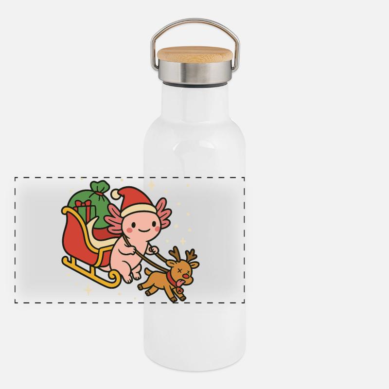 Axolotl im Weihnachtsschlitten süß Panorama Thermosflasche mit Bambusdeckel