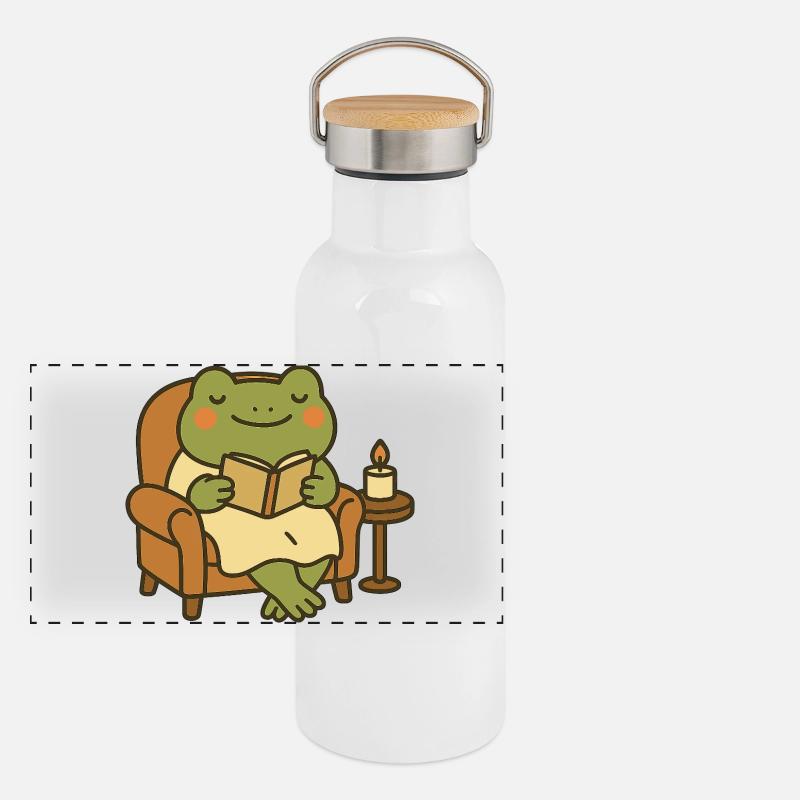 Reading Frog in Armchair – Cozy Evening Panoramic Thermal Bottle with Bamboo Lid