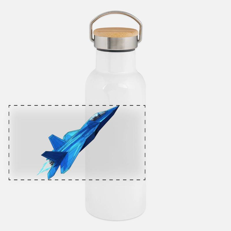 Blauer Geometrie Düsenjet Panorama Thermosflasche mit Bambusdeckel