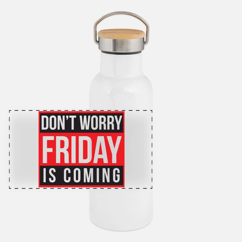 Keine Sorge, Freitag steht vor der Tür Panorama Thermosflasche mit Bambusdeckel