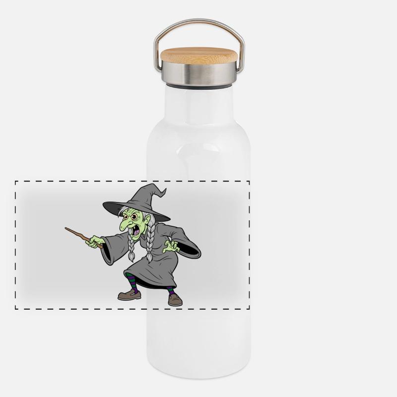 Hexe mit Holzzweigstab Panorama Thermosflasche mit Bambusdeckel