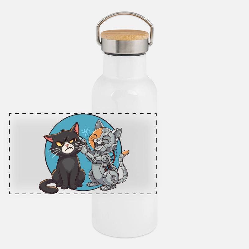 Curious cat and robot Panoramic Thermal Bottle with Bamboo Lid