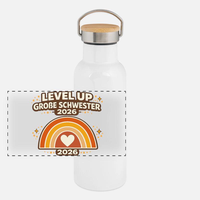 Level Up große Schwester 2026 Regenbogen Panorama Thermosflasche mit Bambusdeckel