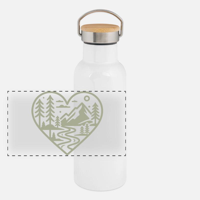 Herzform-Landschaft mit Bergen & Fluss Panorama Thermosflasche mit Bambusdeckel