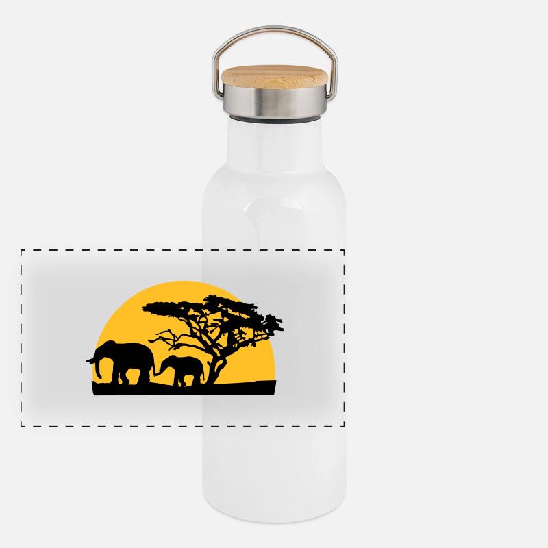 Sunset In Africa Tree And Elephants Panoramic Thermal Bottle with Bamboo Lid