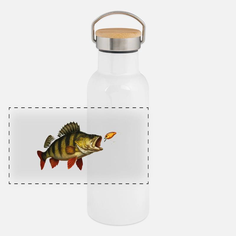 Perch at the Bite – Predatory Fish & Wobbler Design Panoramic Thermal Bottle with Bamboo Lid
