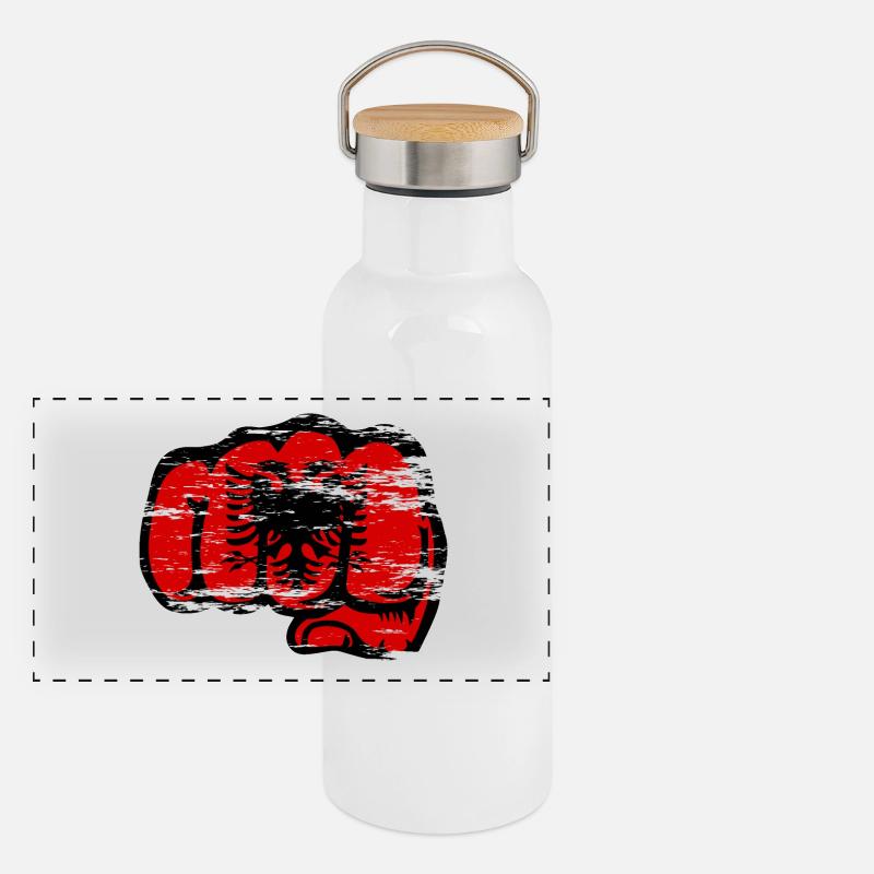 Albanien Flagge Hand Faust used Panorama Thermosflasche mit Bambusdeckel