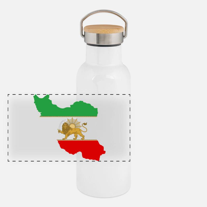 Iran Flag Lion and Sun - شیر خورشید پرچم - Panoramic Thermal Bottle with Bamboo Lid - white