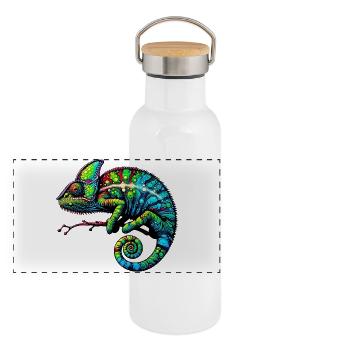 Chamäleon - Panorama Thermosflasche mit Bambusdeckel - Weiß - Vorne