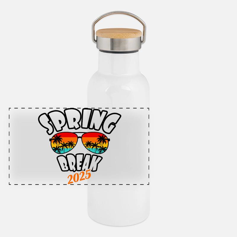 Spring Break 2025 Retro Sonnenuntergang & Strand Panorama Thermosflasche mit Bambusdeckel