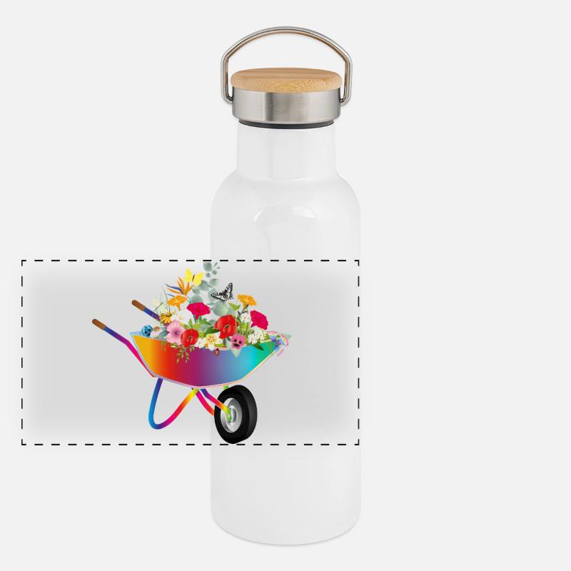 Brouette colorée avec des fleurs Gourde isotherme avec bouchon en bambou