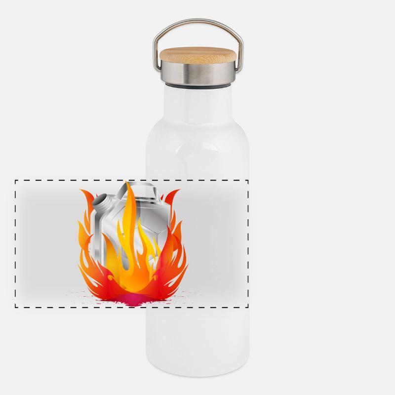 Cartouche d’essence chromée brûlante dans un style rétro Gourde isotherme avec bouchon en bambou