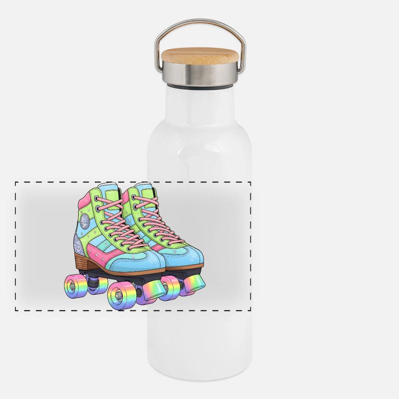 Rollschuhe Retro Regenbogen 80er 90er Panorama Thermosflasche mit Bambusdeckel