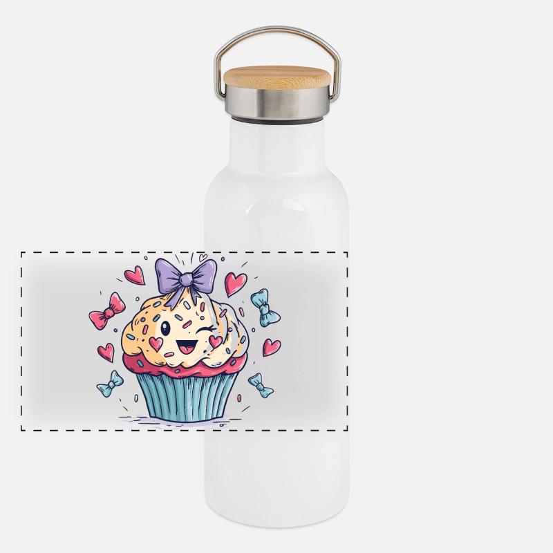 Kawaii Cupcake Heart Bow Panoramic Thermal Bottle with Bamboo Lid