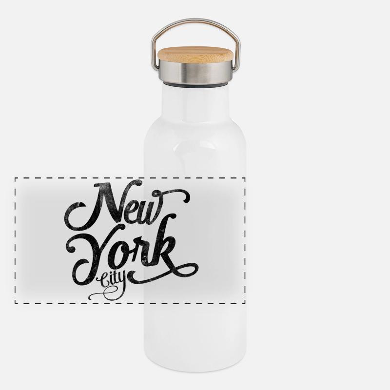 New York City - Black Vintage Script Gourde isotherme avec bouchon en bambou