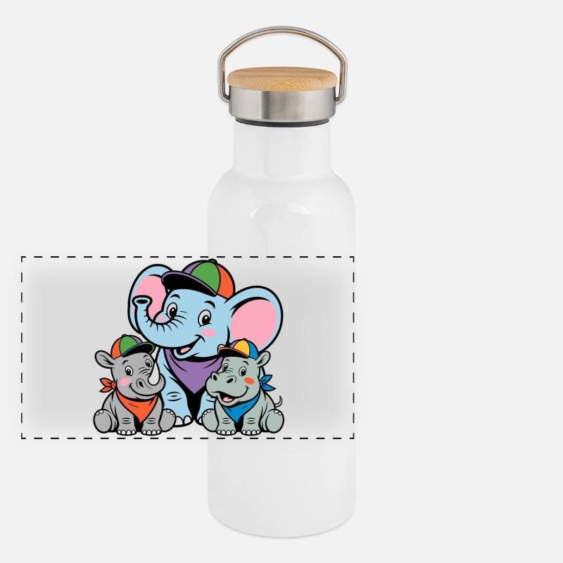 Cute Elephant, Rhino & Hippo Cartoon Panoramic Thermal Bottle with Bamboo Lid