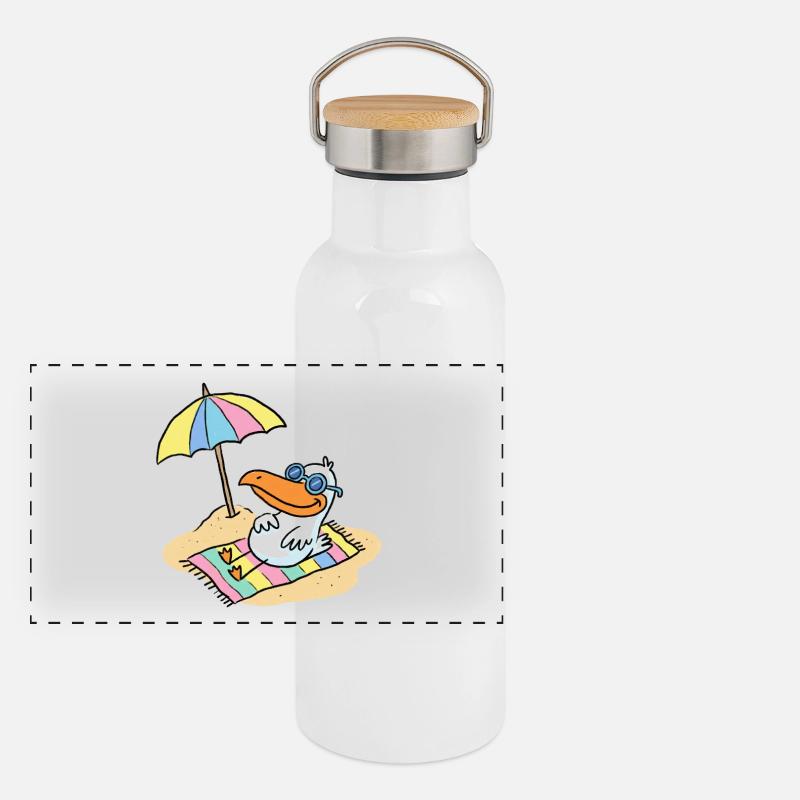 Sun bird on the beach with umbrella Panoramic Thermal Bottle with Bamboo Lid