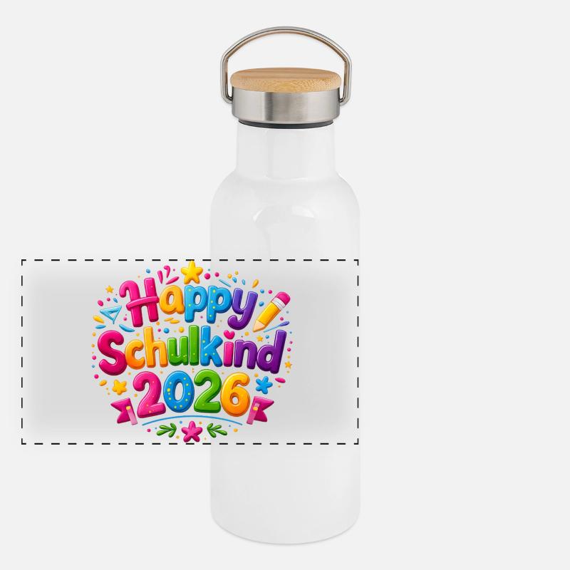 Happy Schulkind 2026 Einschulung Panorama Thermosflasche mit Bambusdeckel