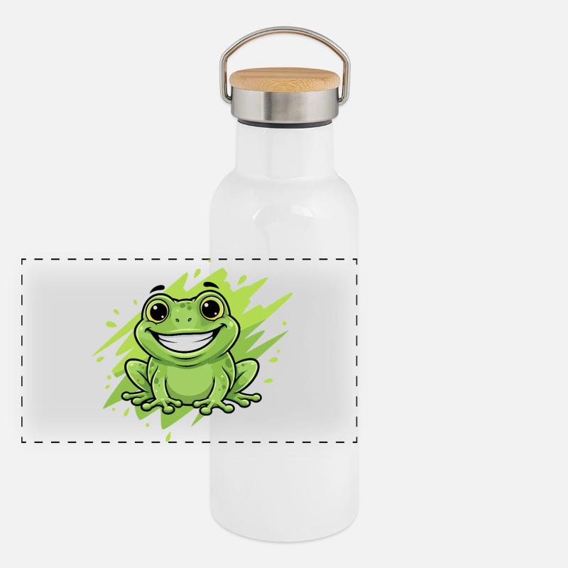 Dessin animé grenouille joyeux néon vert Gourde isotherme avec bouchon en bambou