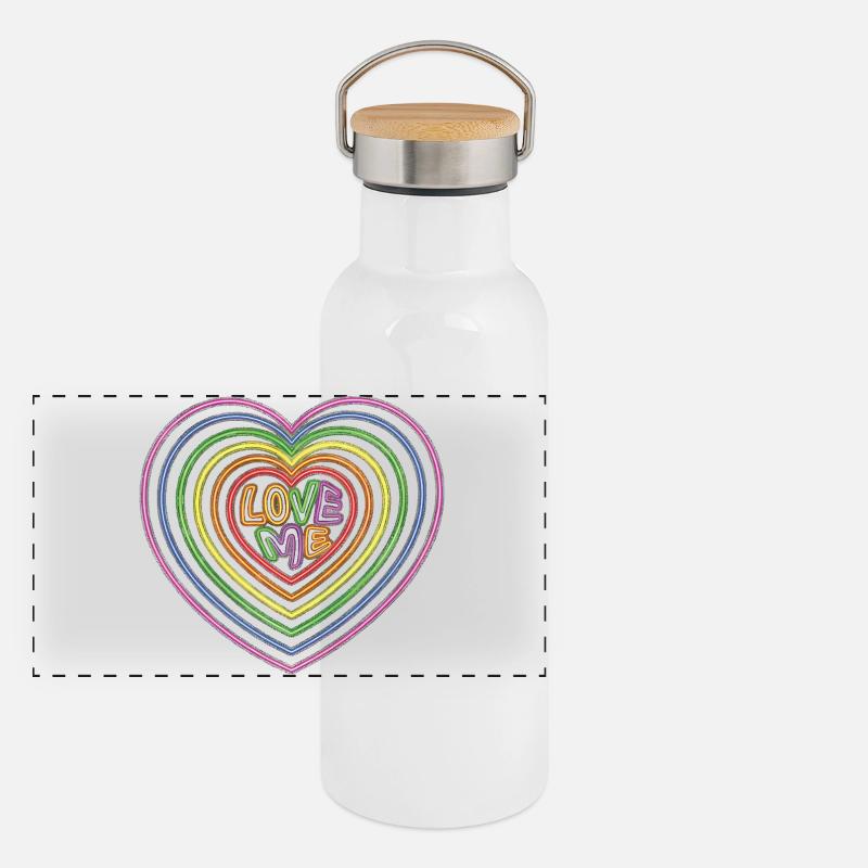 Bunter Love Me-Text Herzenform-Druck Panorama Thermosflasche mit Bambusdeckel
