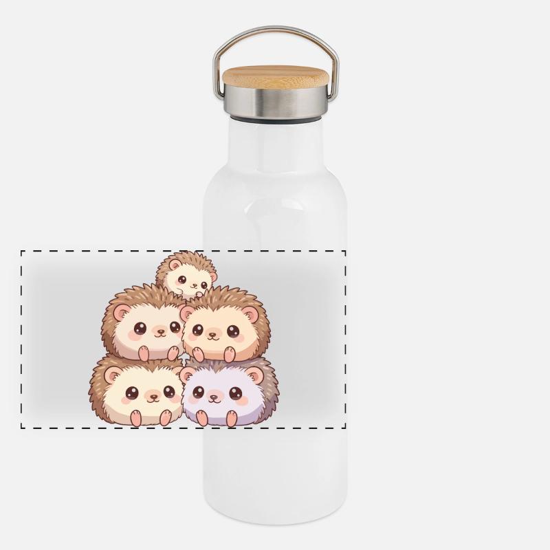 Kuschelige Igelfamilie Panorama Thermosflasche mit Bambusdeckel